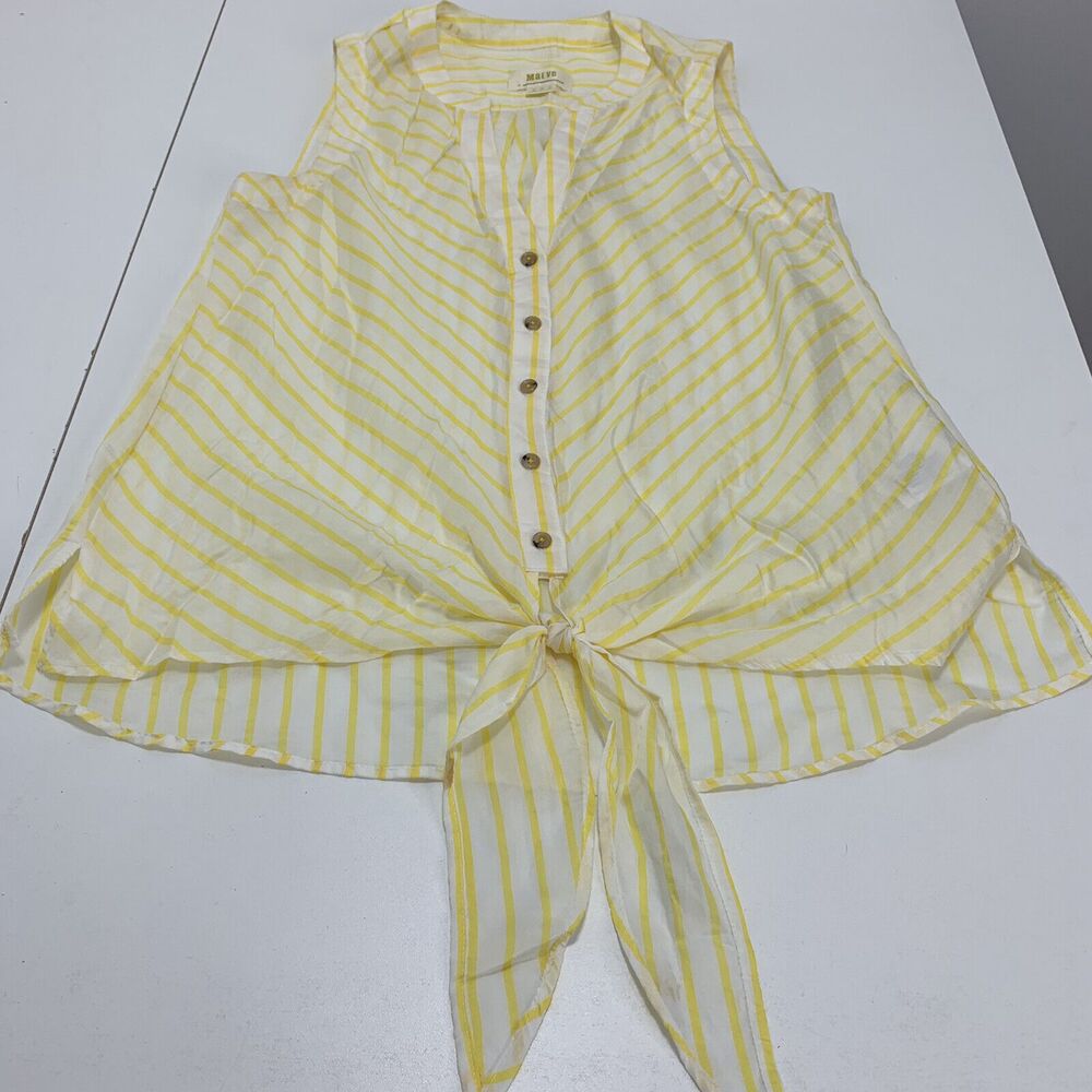 Women's Anthropologie Maeve Yellow White Sleeveless Front Tie Blouse Shirt Top 0